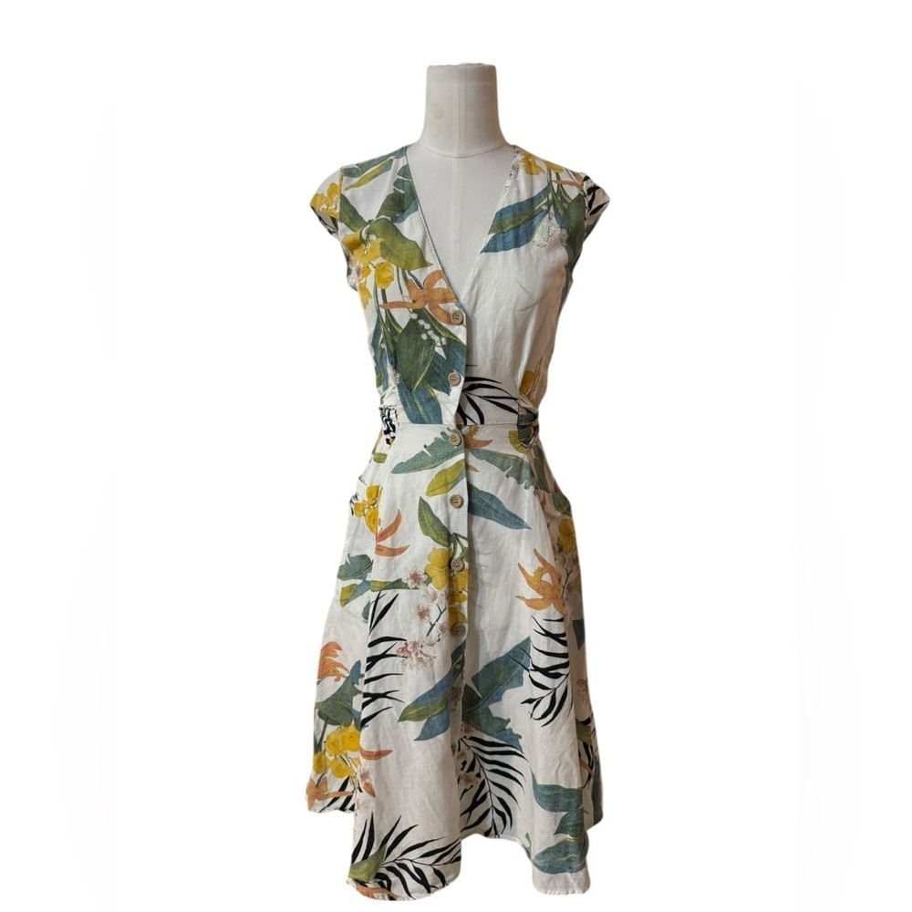 Zara Basic 100% Linen Tropical Floral Button Dress XS - Picture 2 of 9